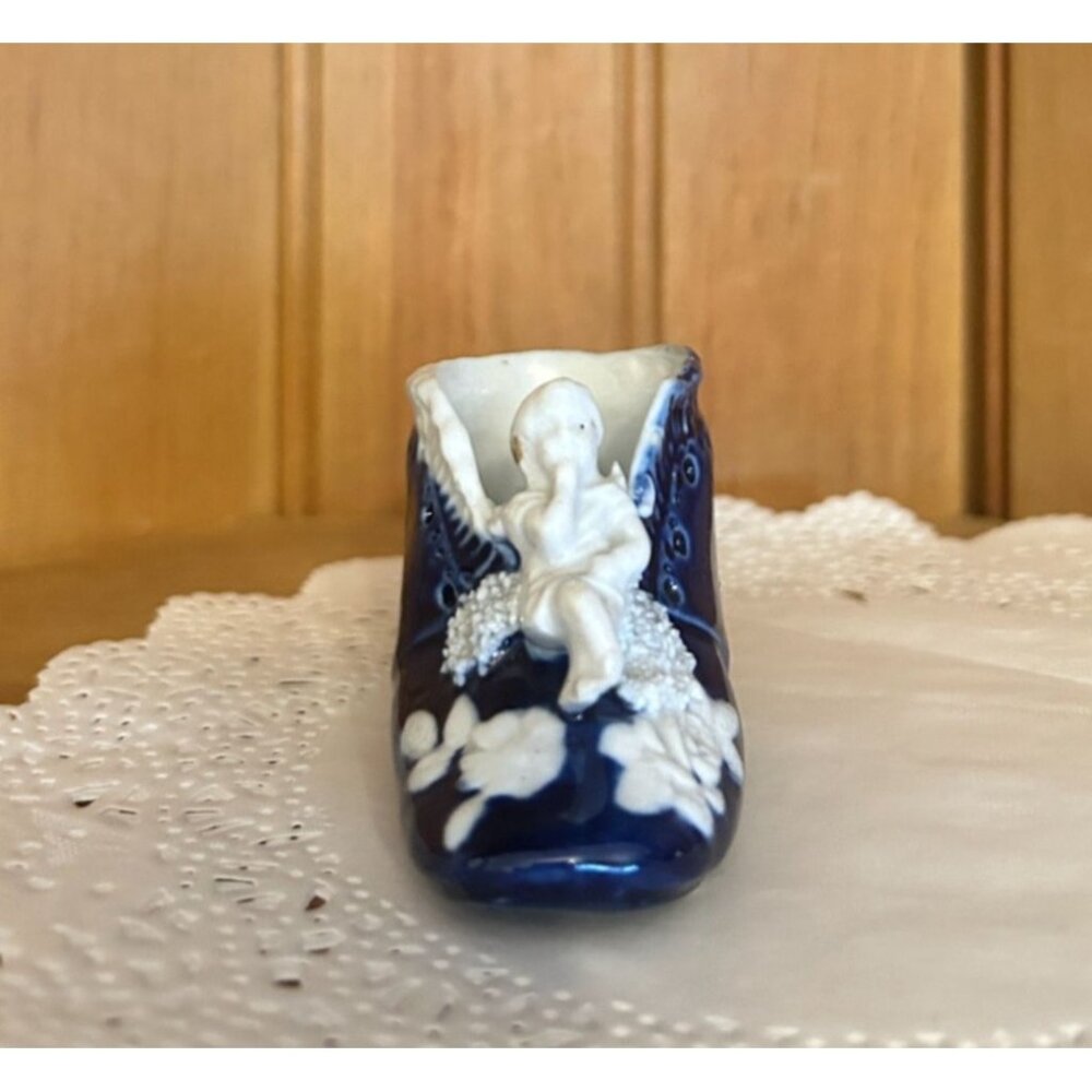 Antique Blue Porcelain Baby Shoe Figurine Cherub Flower Accents